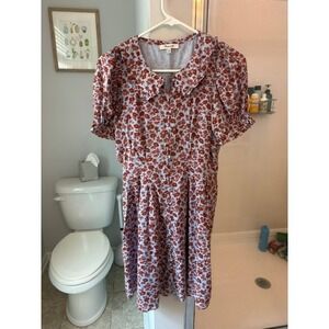 Madewell Floral Mini Dress Size 00 Blue Rust Peter Pan Collar Puff Sleeve
